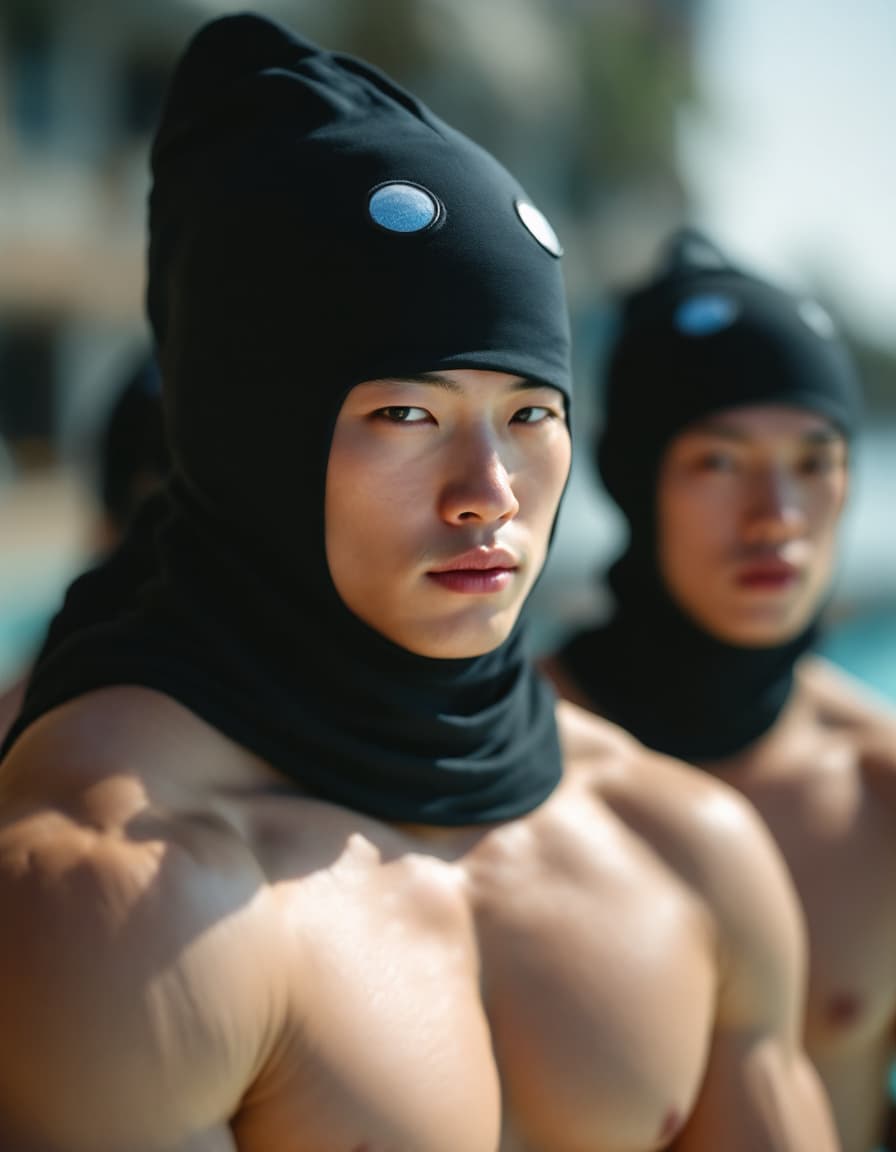 AI generated: Three muscular male Chinese swimmers wear tight compression jammers arrested by policy in day time. ...