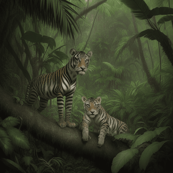 AI generated: His adventurous journey led him to the most remote corners of the jungle ve wild animals
