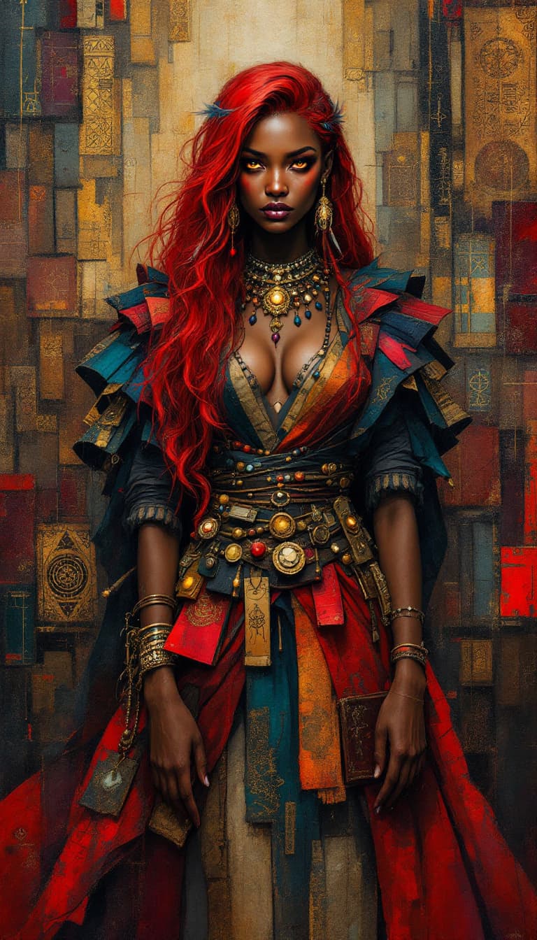 AI generated: "Ruby Lorekeeper in a Library of Echoes": A captivating abstract painting showcases a lorekeeper, wi...
