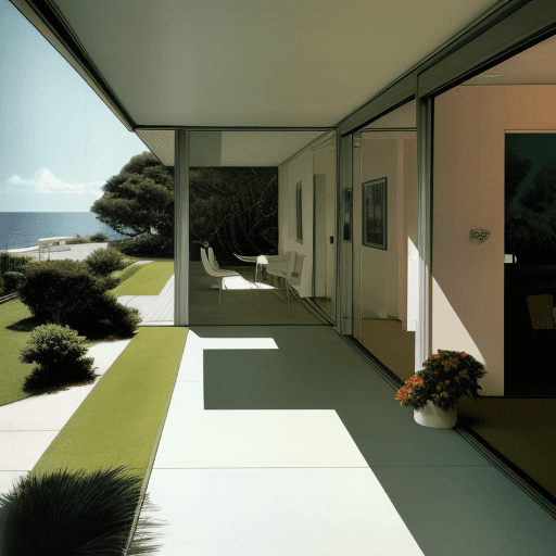 AI generated: Hyper realistic eye level exterior photo of a mid century modern style house overlooking the ocean, ...