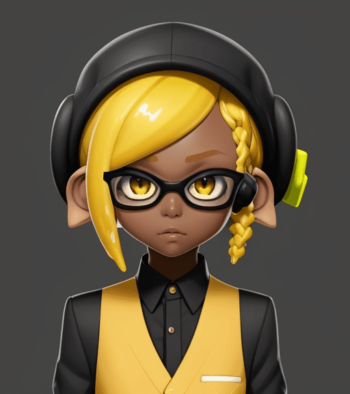 AI generated: splatoon, inkling girl, dark skin, yellow hair, short hair, formal clothes, female, short braid
