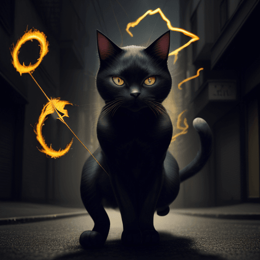 AI generated: an anthropomorphic cat wearing black linen is depicted in an action pose, swirling fire with an arro...