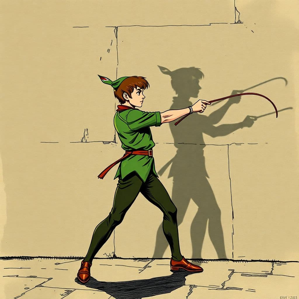 AI generated: Photorealistic comic book cover illustration, full body shot of peter pan fencing with his shadow ag...