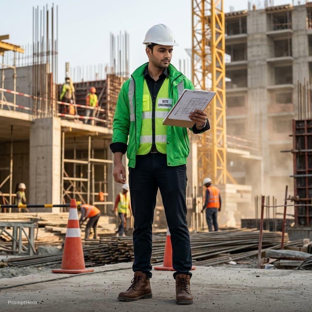 AI generated: A professional site engineer is standing at an active construction site during a routine site visit....