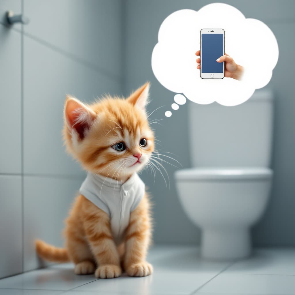 AI generated: A young, orange tabby kitten, with teardrops running down its face, is in a bathroom. The kitten is ...