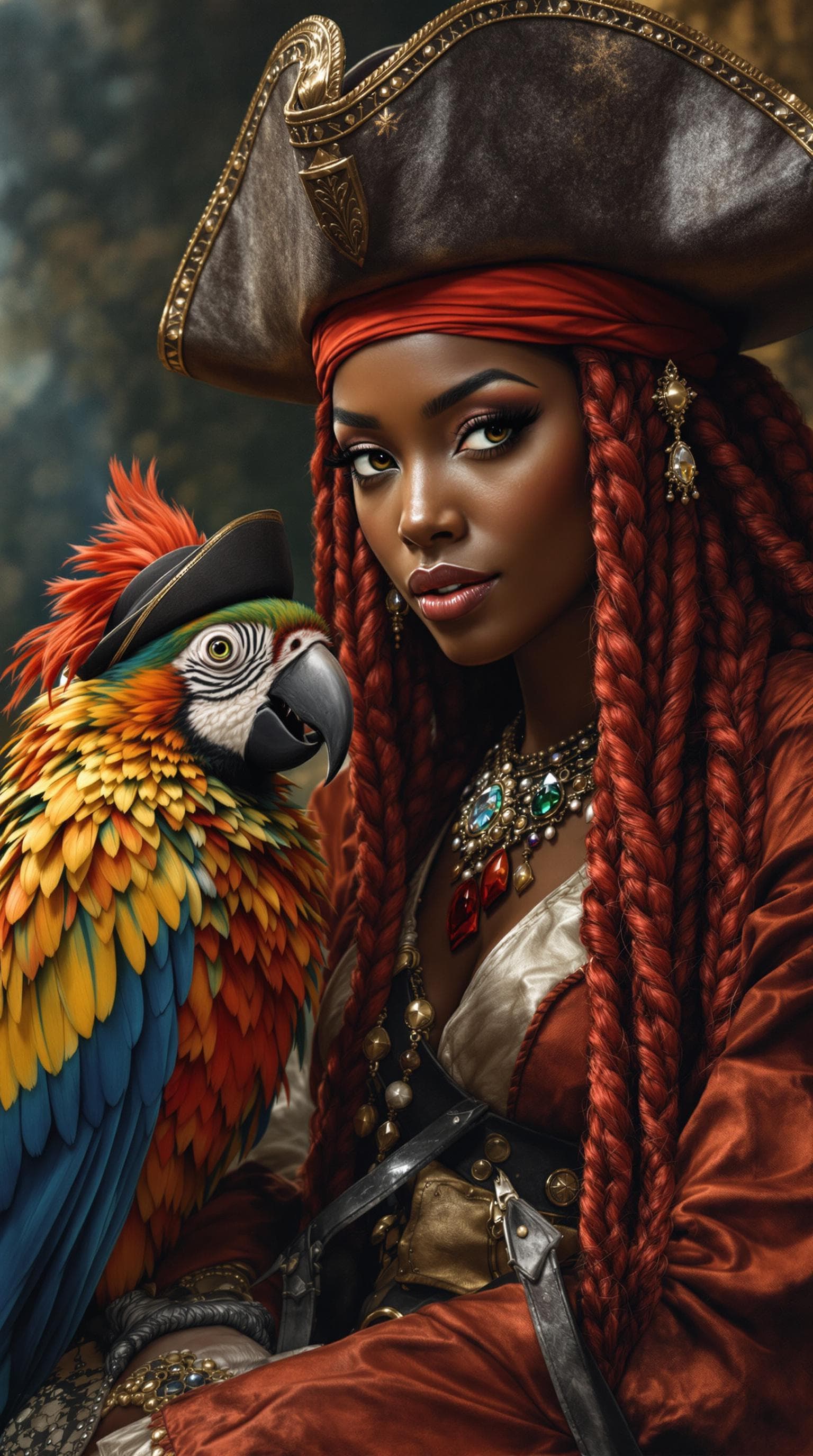 AI generated: Full body view: Centered image.  an beutiful African American pirate lady with red long braided hair...