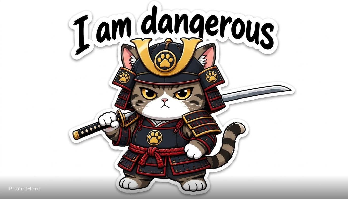 AI generated: cute samurai cat sticker, vector style, bold outline, white background, high detail with text over i...