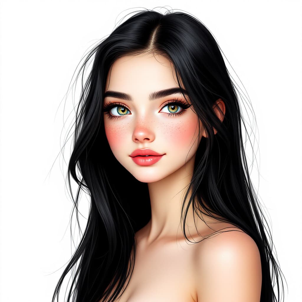 AI generated: The girl has an oval face with defined cheekbones and a soft jawline. Her eyes are large and light-c...