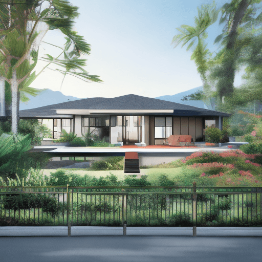AI generated: Hyper realistic eye level exterior photo of a mid century modern style house overlooking the ocean, ...
