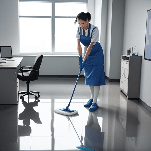 AI generated: Photo of a cleaning woman, in an office environment, cleaning the floor with a blue mop. 