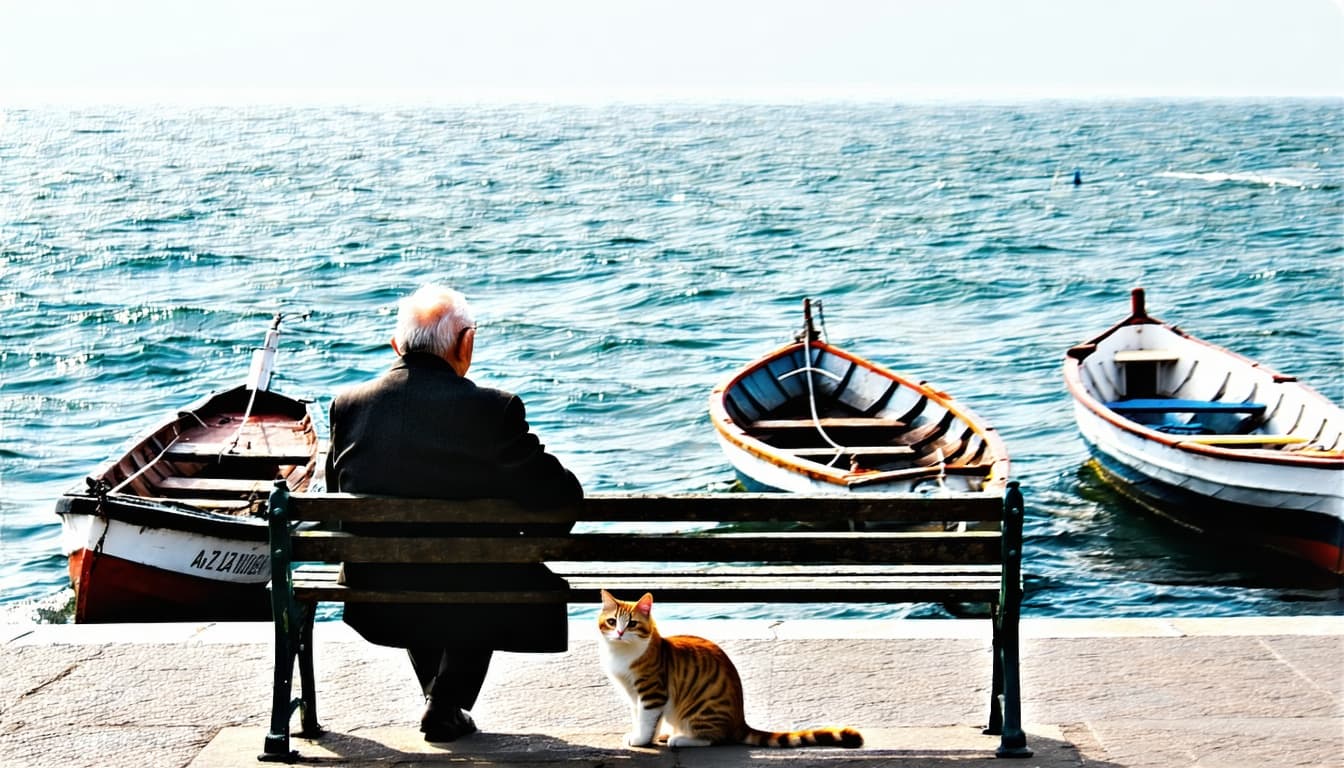 AI generated: A bench by the sea, small waves. Three fishermen boats. An old man sits on the bench embracing angor...