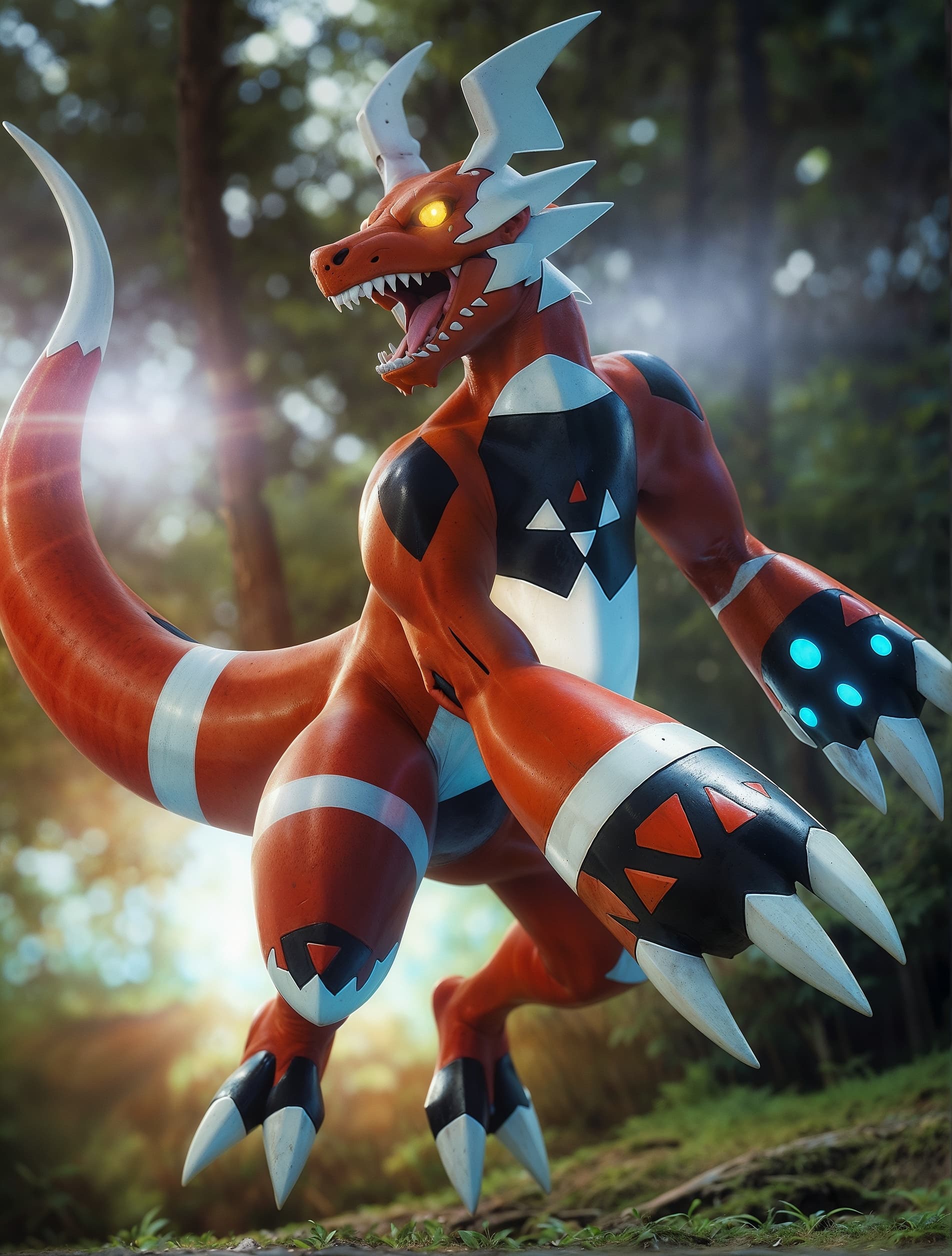 AI generated: A full body photo shot of Iconic Digimon (Guillmon), with colors red and white with black markings, ...
