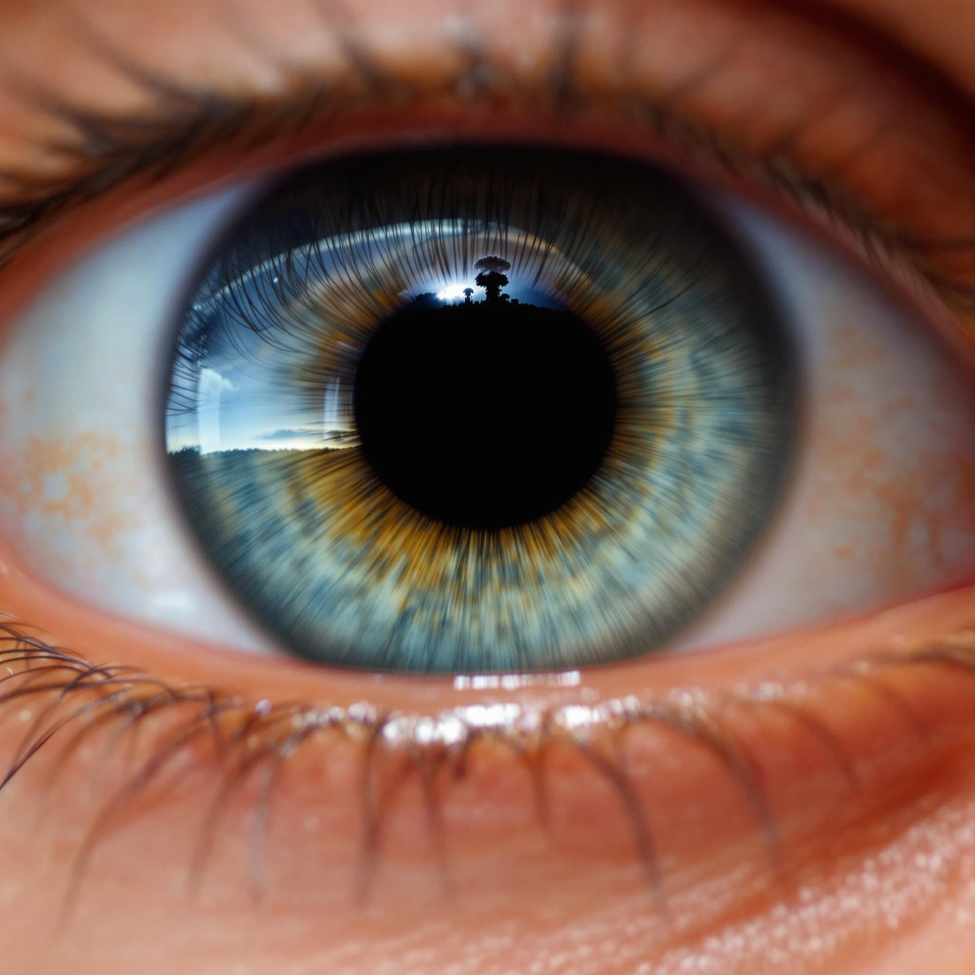 AI generated: Close up of a human eye, hazel in color. Reflected in the pupil is a mushroom cloud
 at night.  The...
