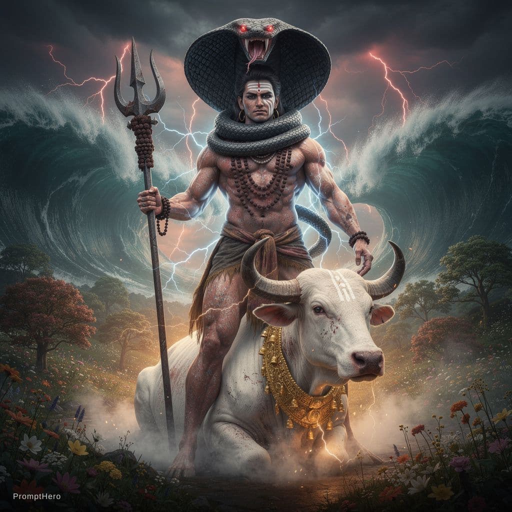 AI generated: "Wide vertical POV Hollywood shot of a colossal, hyper-muscular Mahakal (Lord Shiva) standing tall l...