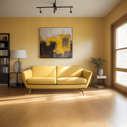 AI generated: Photograph, living room, integration of oak flooring and rug features, abstract art canvas, creating...