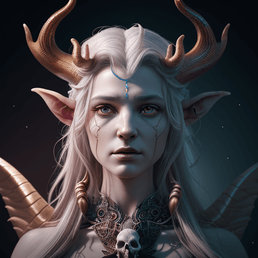 AI generated: Goddess close-up portrait ribcagel. Tiefling phoenix head, antlers, gunslinger, nautilus, orchid, sk...