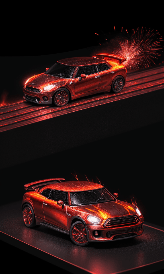 AI generated: its fiery red and chrome body glistening under intense lighting. Flames along the sides seem to danc...