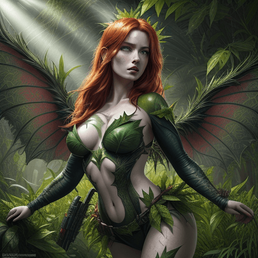 AI generated: ultra detailed photo shot of a woman (Jia Lissa) dressed as Poison Ivy, with wings made of ((grassy-...