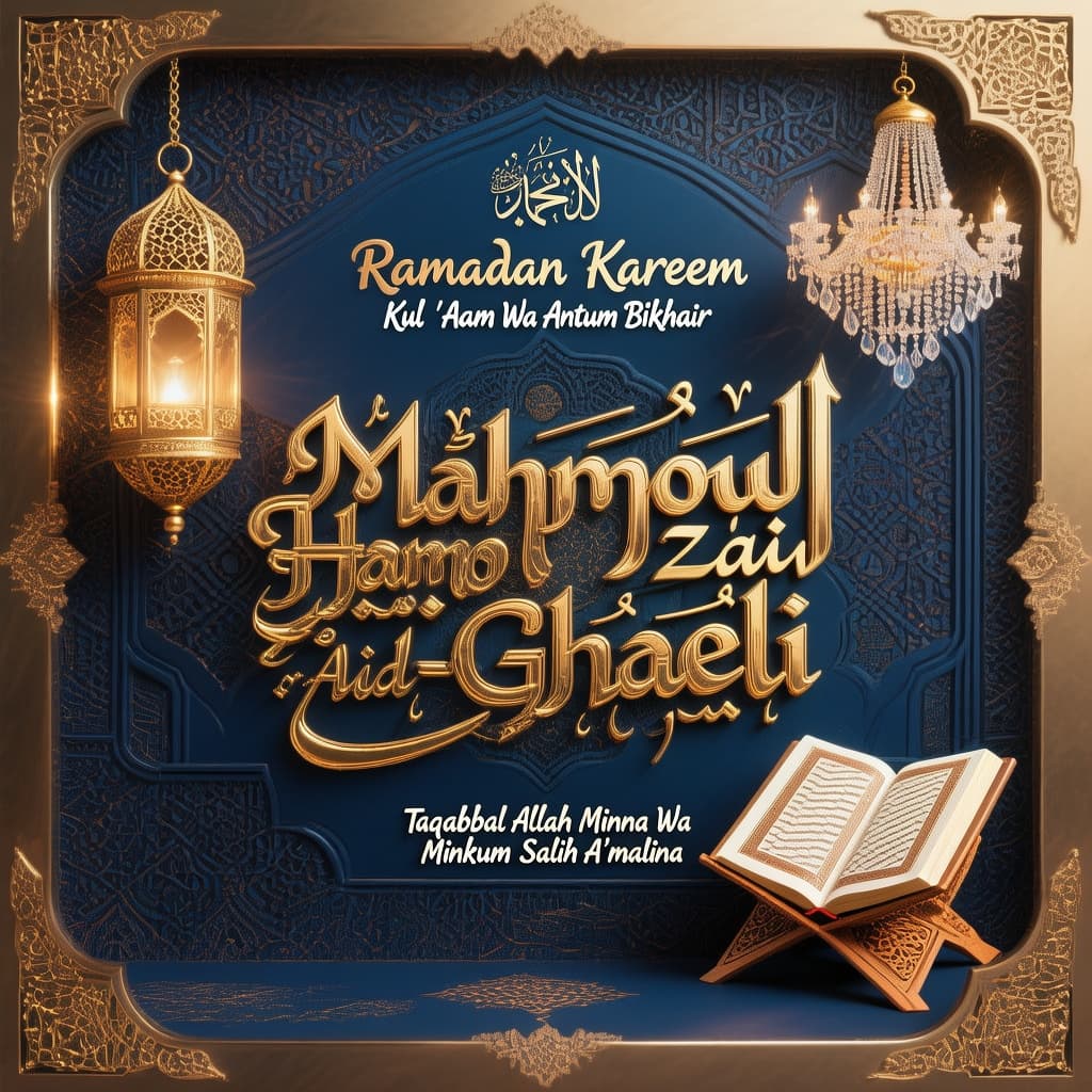 AI generated: A luxurious and professionally designed Islamic Ramadan greeting card. In the center, the name "Mahm...
