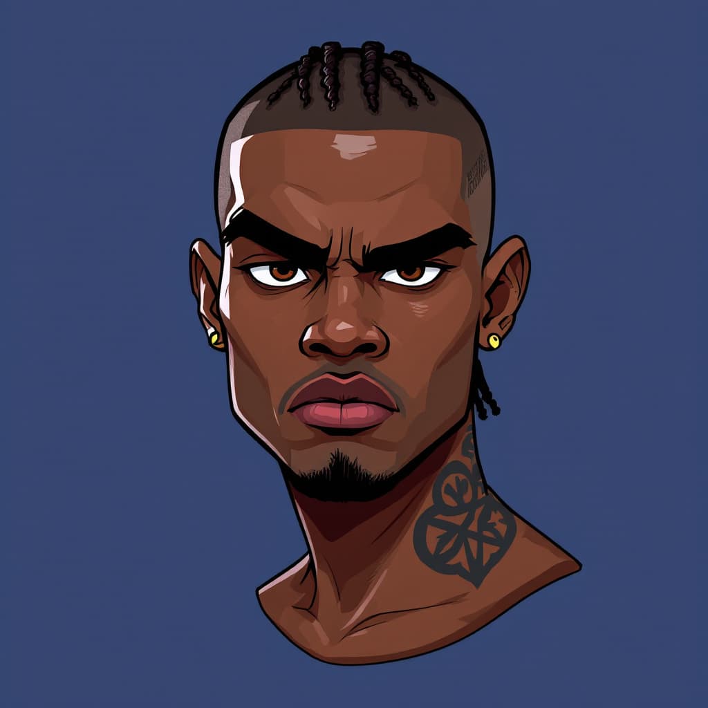 AI generated: A bust of a Black character with a defiant gaze, shaved hair with braids on the top of the head, nec...