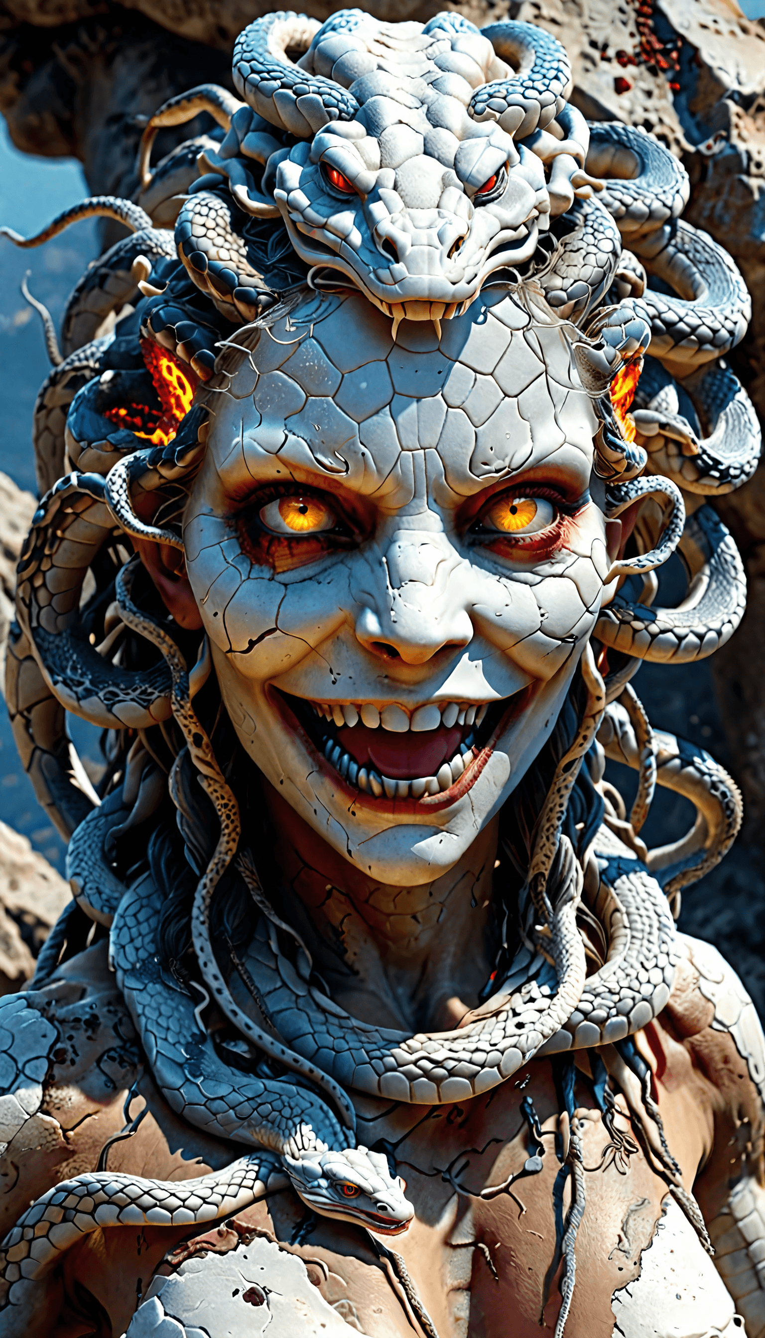 AI generated: sinister, smiling medusa, (glowing eyes:1.2), shoulders, pale white cracked skin, dusty white rock f...