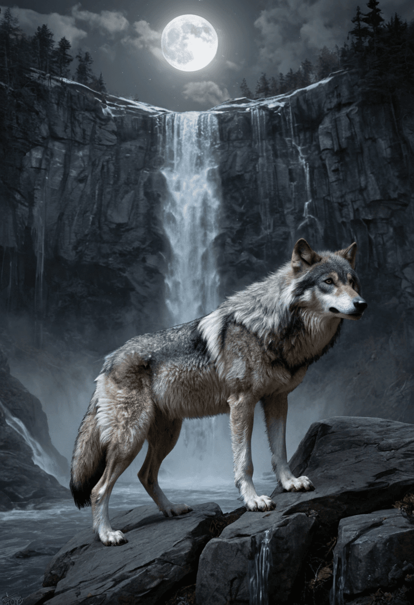 AI generated: realistic,highres,a massive wolf standing on a cliffside, the moonlight accentuating the wolves fur,...