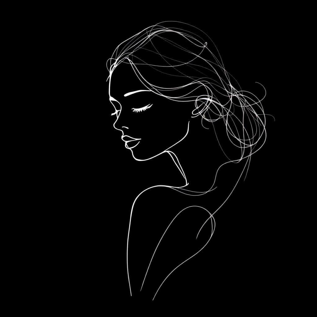 AI generated: Create a minimalist, abstract sketch of a woman, using very basic and delicate lines to define her f...