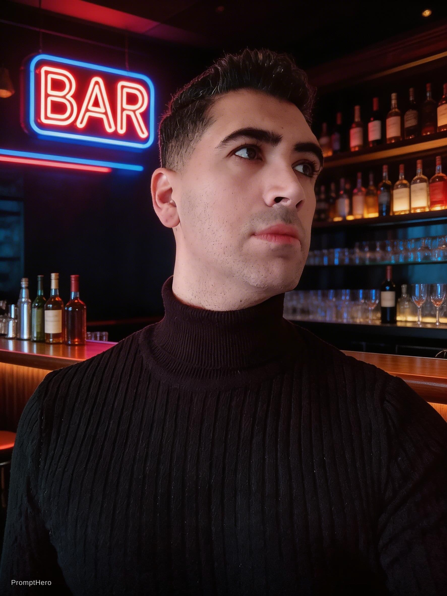 AI generated: dark moody bar environment, blue and red neon lights, intense shadows, mysterious atmosphere, cinema...