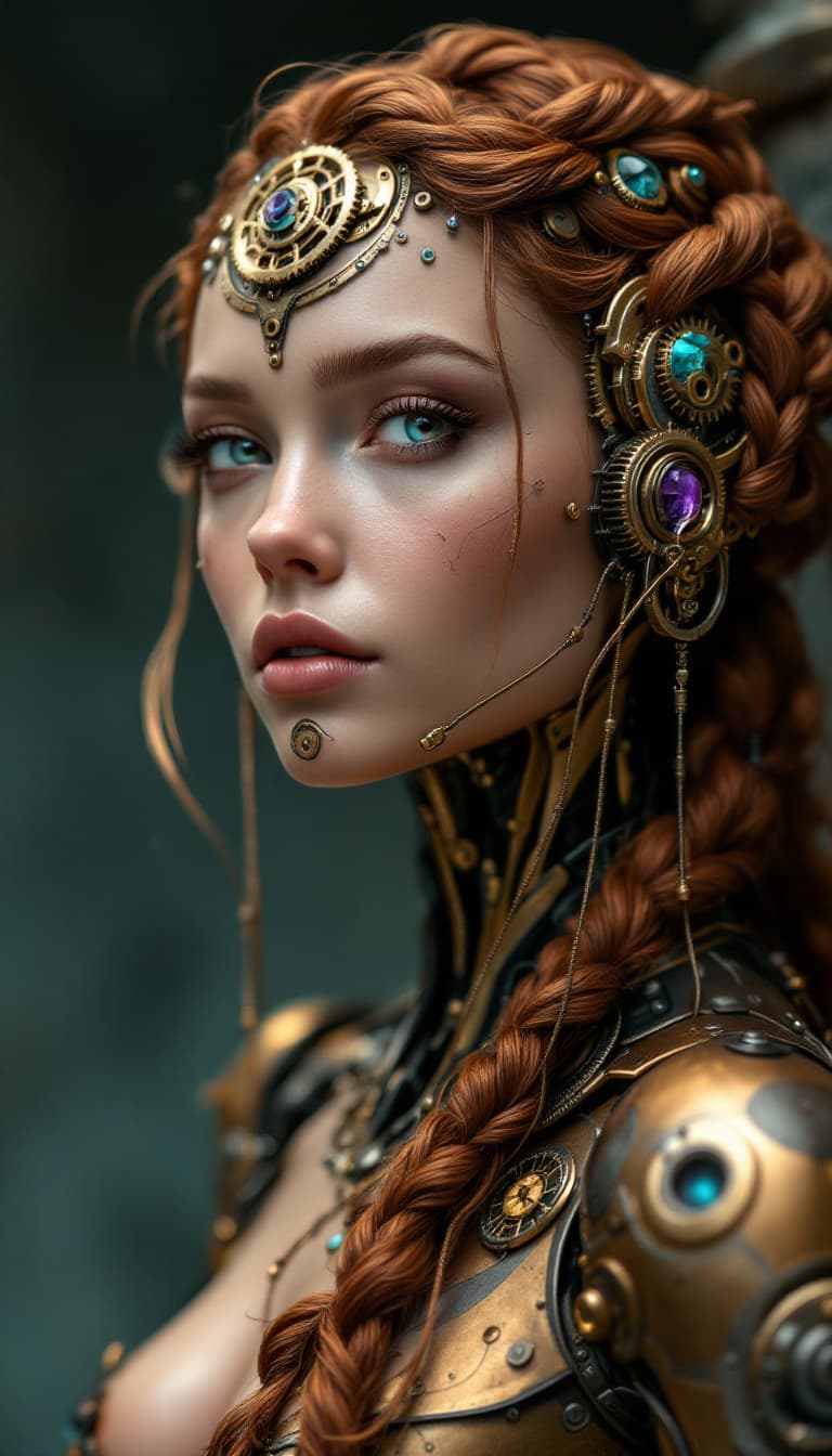 AI generated: An ultra-realistic, full-body portrait of a captivating clockwork automaton woman, radiating intrica...