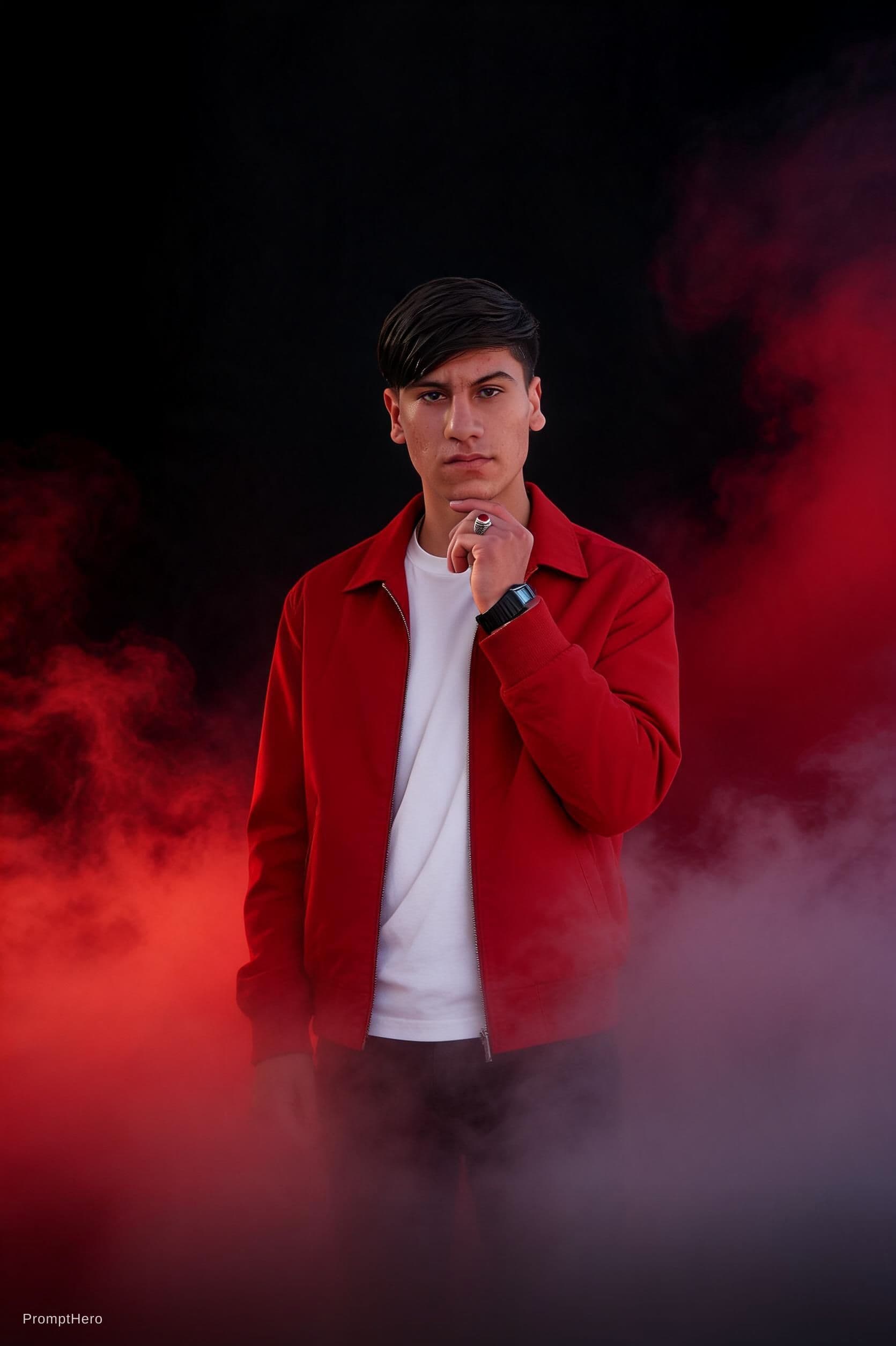 AI generated: fashion photography, front central full-length shot, male model, vibrant red color and black palette...