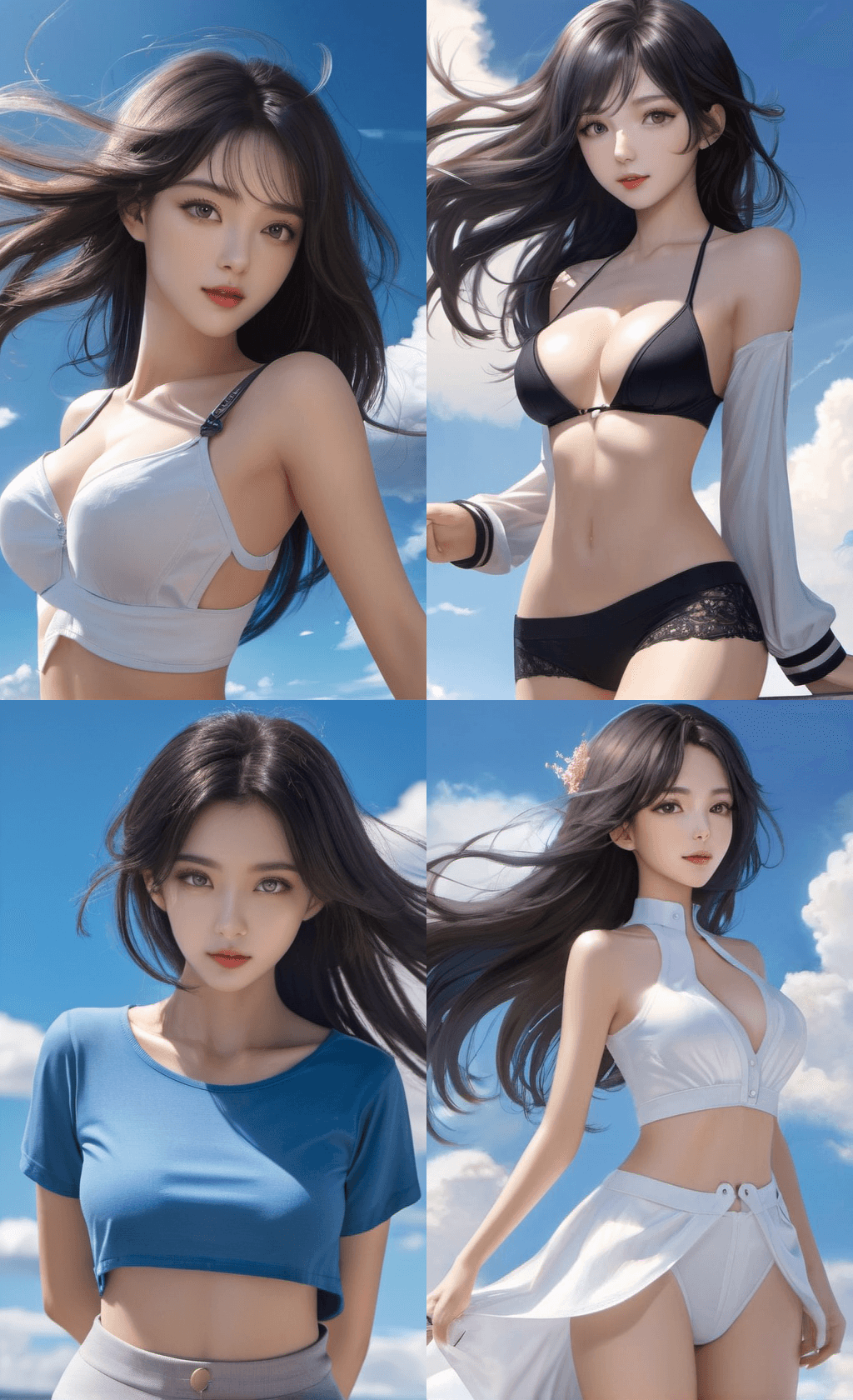 AI generated: girl, full body,magician, blue sky, white cloud, symmetrical eyes, (beautifully detailed body, face,...