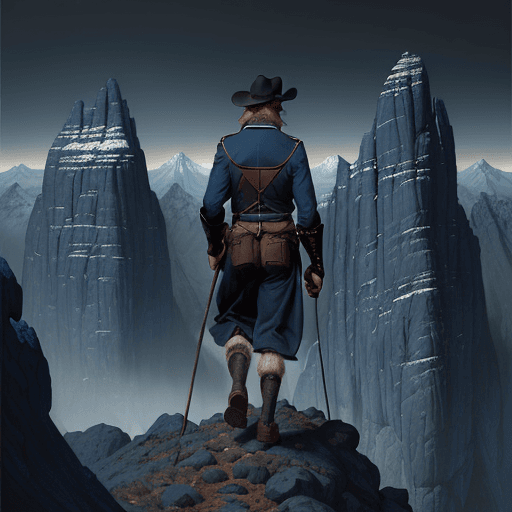 AI generated: wild frontier character walking over a mountain, in the style of sam spratt, dark blue and azure, wi...