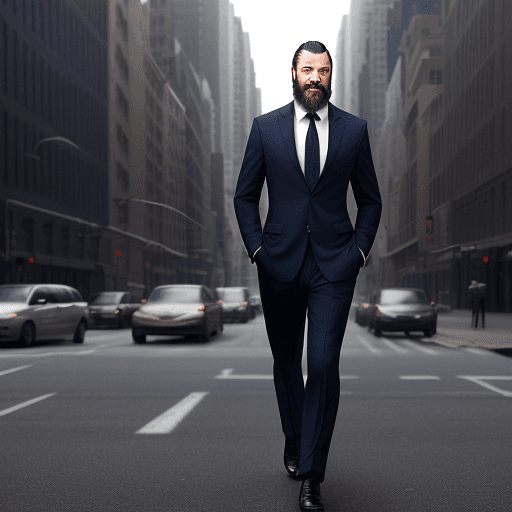 AI generated: create a realistic photo of a man in a navy blue suit, walking along a deserted avenue in New York, ...