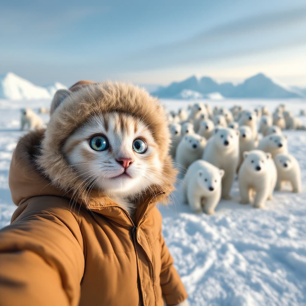 AI generated:  In the snow, there is an ice field with many polar bears standing on it. A real cute baby cat weari...