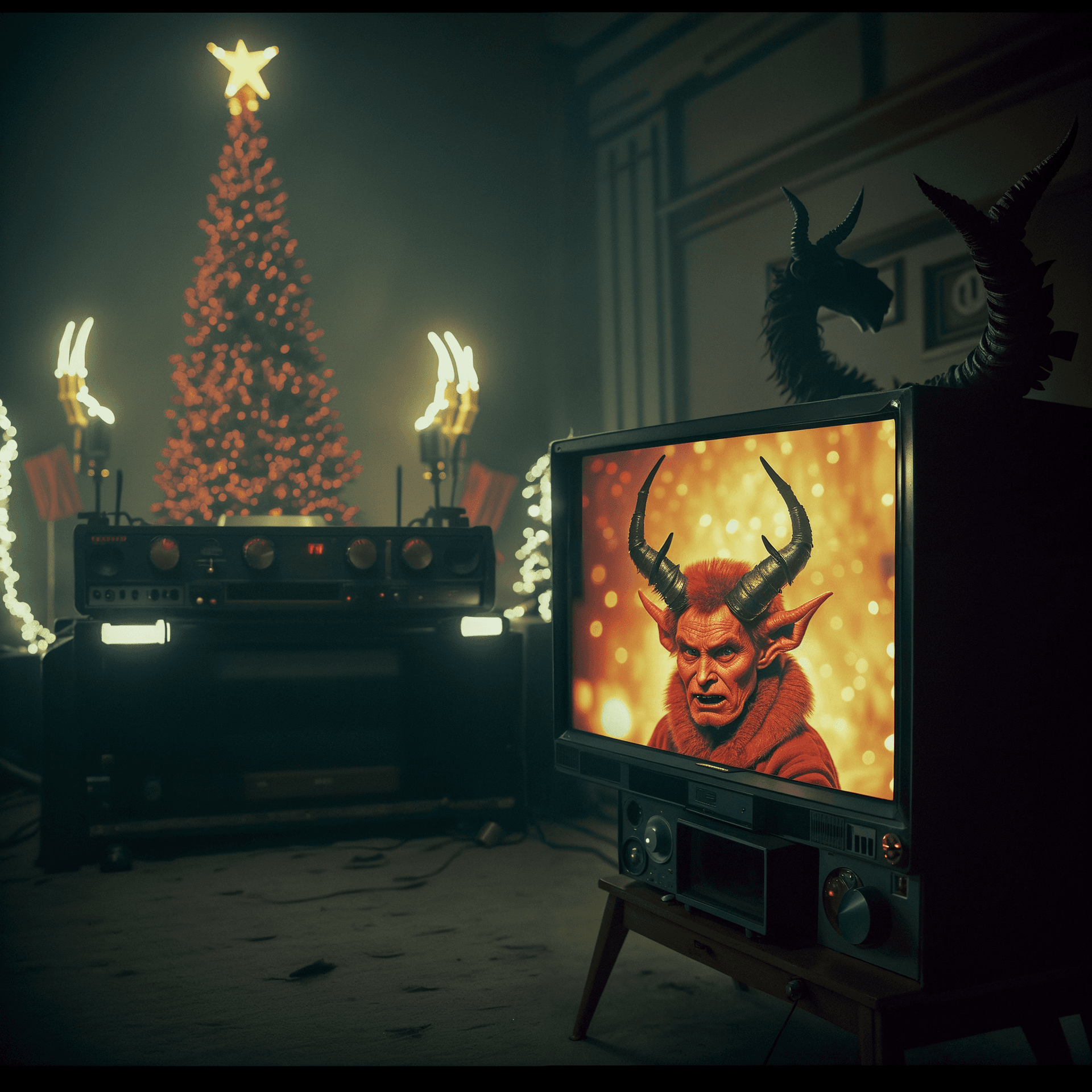 AI generated: hdr film still lifelike textures,New Year's Eve speech of the satan with horns on a TV as (president...