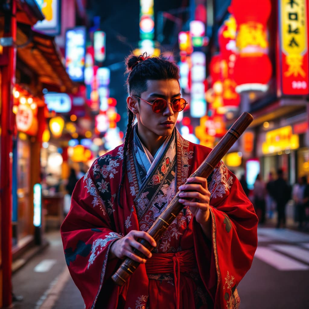 AI generated: Hyperralistic poster of a peruvian wooden flute in Tokyo. aesthetic merges contemporary fashion with...