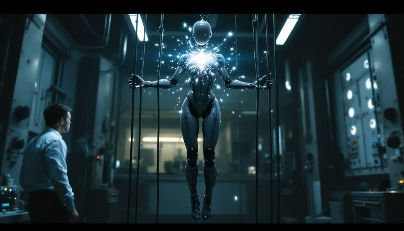 AI generated: A FEMALE ROBOT HANGS FULL-LENGTH ON CABLES IN A LAB. SPARKLING IN HER CHEST. ONE MAN WATCHES AT HER ...