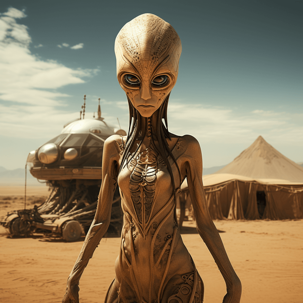 AI generated: full body of alien shaped like woman, big golden eyes, ancient technology on background, mars planet...