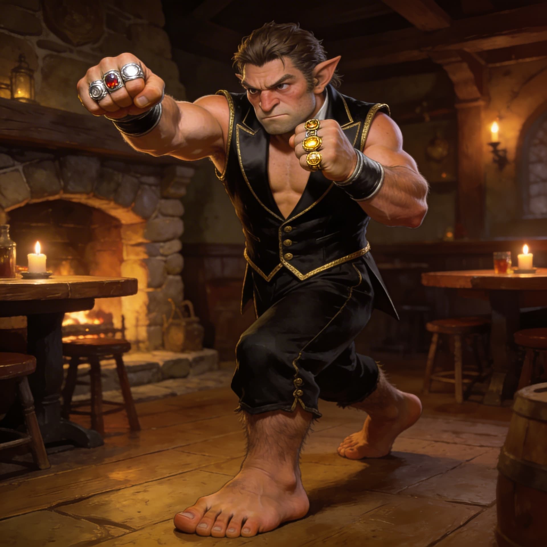 AI generated: muscular male halfling with large bare feet, wearing a sleeveless medieval tuxedo, in a boxing stanc...