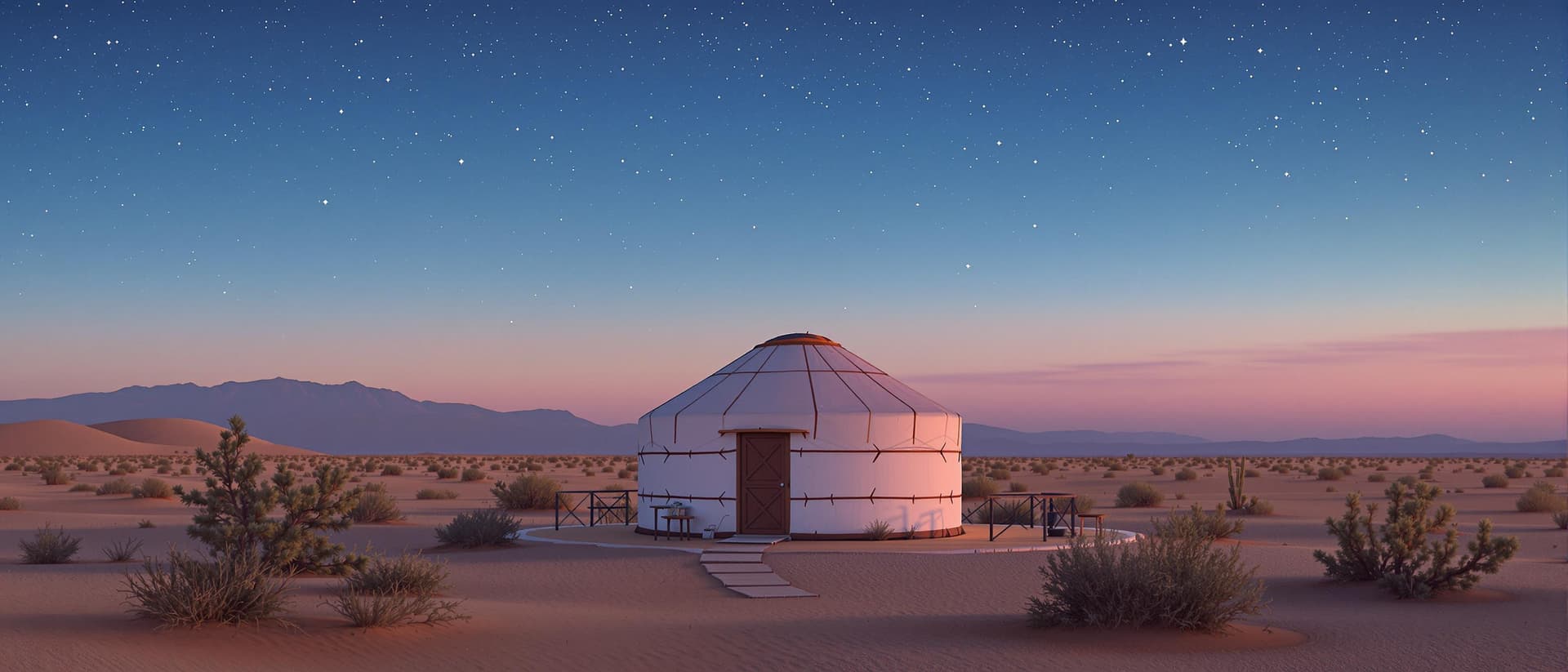 AI generated: Yurt near dombra desert minimalism sky neon