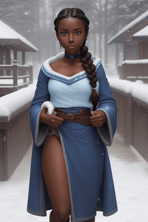 AI generated: (katara:1.2), dark skin, dark-skinned female, blue eyes, brown hair, (braid:1.2), choker, (blue outf...