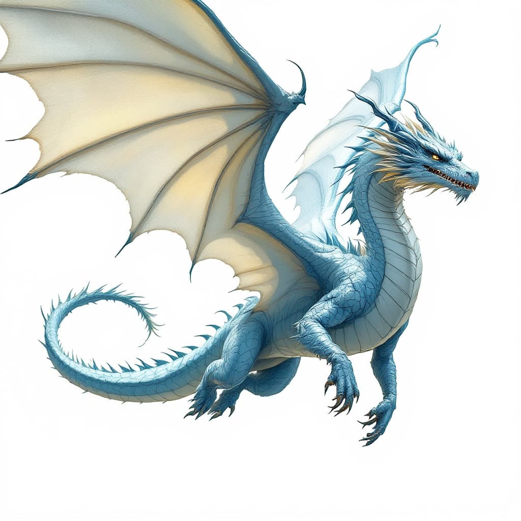 AI generated: platinum dragon in flight, dramatic fantasy style.  Large, luminous leathery wings outstretched, sho...