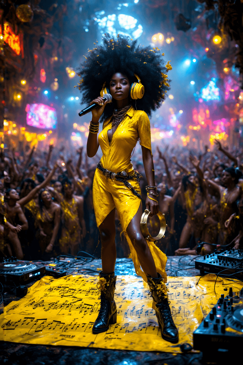AI generated: Movie scene on a raised stage, a beautiful female African DJ stands on a yellow pad with black music...