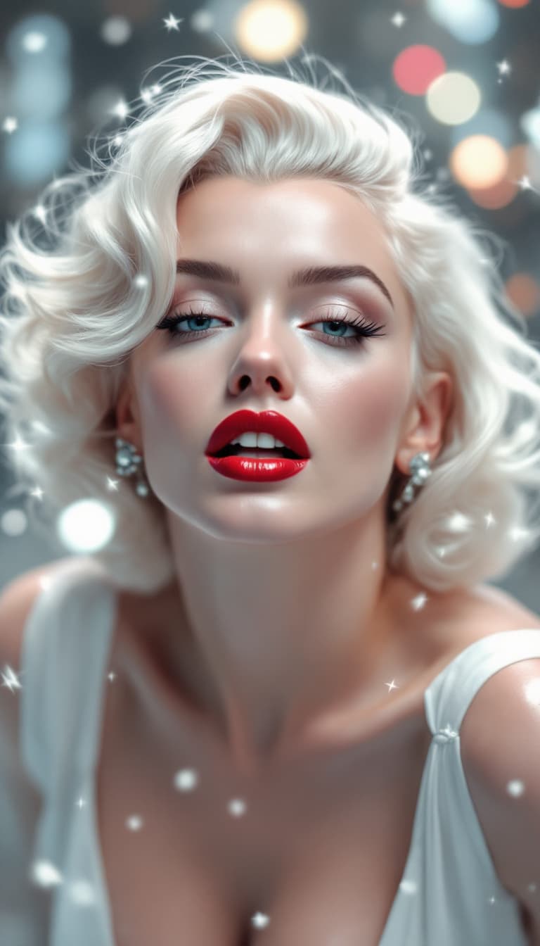 AI generated: the background blurred in a magical tilt-shift effect, beautiful portrait of Marilyn Monroe in white...