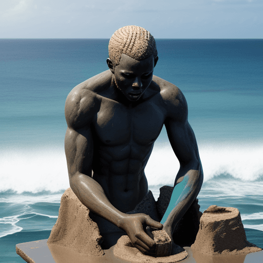 AI generated: african man chiseling himself sculptor on the ocean being eroded with ocean waves