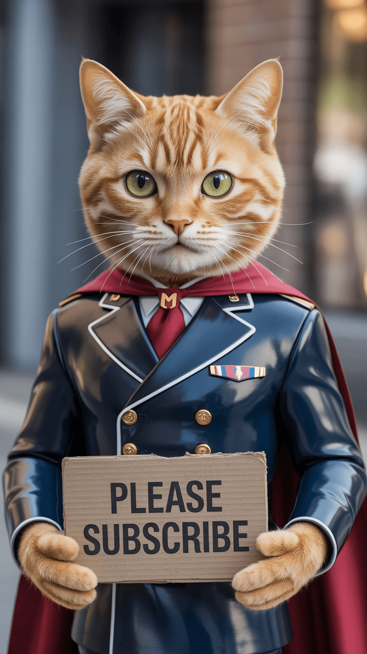 AI generated: "A medium-sized, slightly muscular humanoid orange tabby cat with a single white stripe running down...