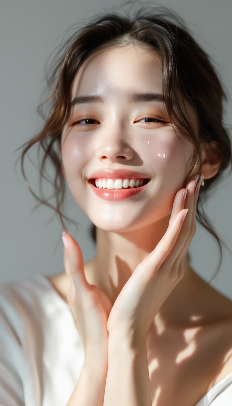 AI generated: Skincare photography, in muji style, close up shot, Chinese young model with happiness expression, s...