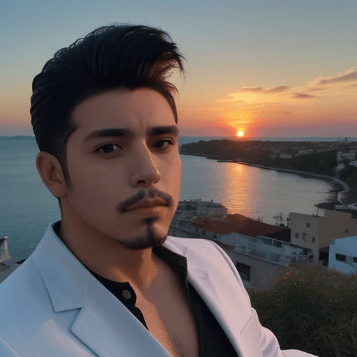 AI generated: A Hispanic man with powers with the hair style quiffy watching the sunset with rabies