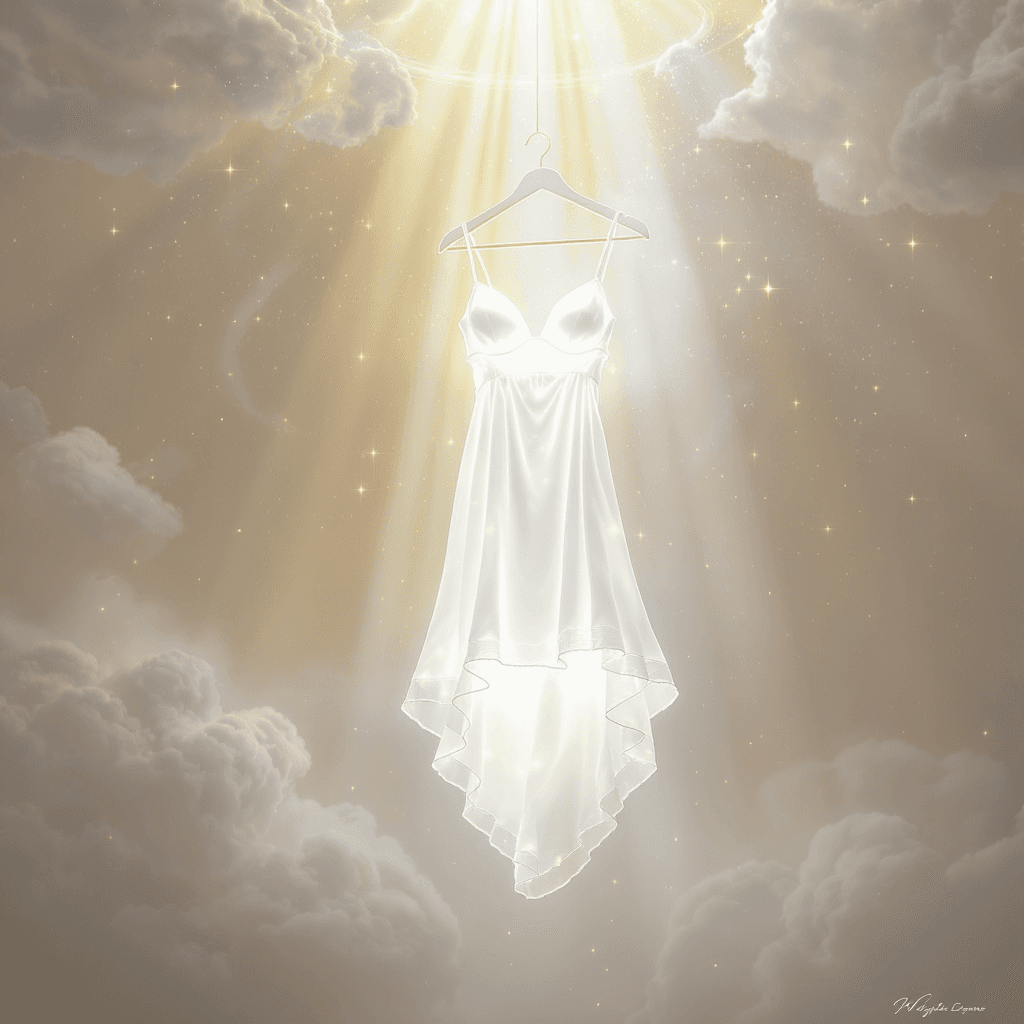 AI generated: "A minimalist, elegant, and divine set of glowing white night gown style short  lingerie, suspended ...