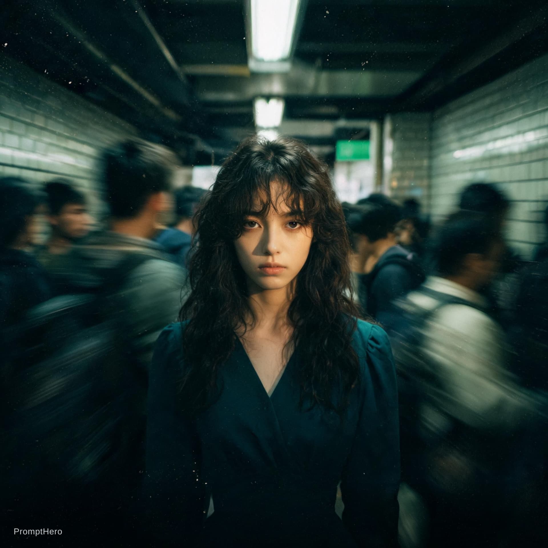 AI generated: Cinematic editorial portrait of a young women in her early twenties standing motionless at the
cente...